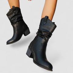 Slouch block-heel pull-on boots with relaxed shaft, shown in brown and black