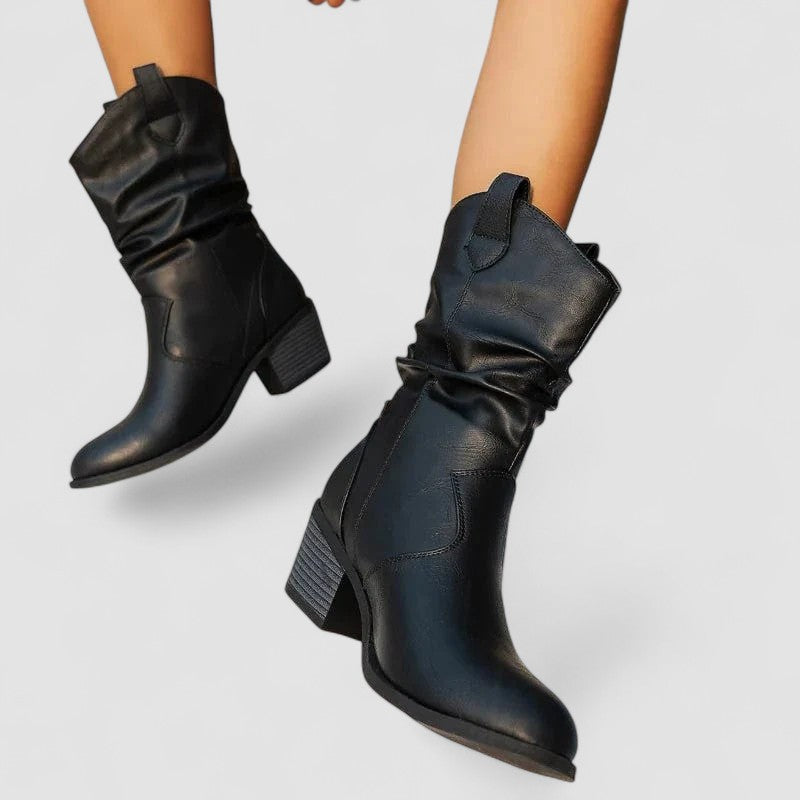 Slouch block-heel pull-on boots with relaxed shaft, shown in brown and black