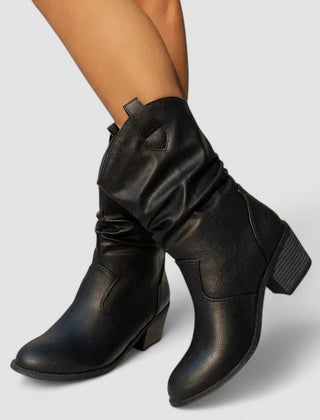 Slouch block-heel pull-on boots with relaxed shaft, shown in brown and black