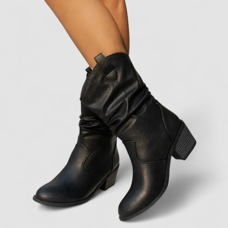 Slouch block-heel pull-on boots with relaxed shaft, shown in brown and black