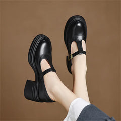 Rowena chunky block heel Mary Jane pumps with T-strap gold buckle and round toe