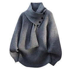 Women's ribbed scarf neck sweater with shoulder button detail and long sleeves
