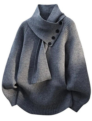 Women's ribbed scarf neck sweater with shoulder button detail and long sleeves