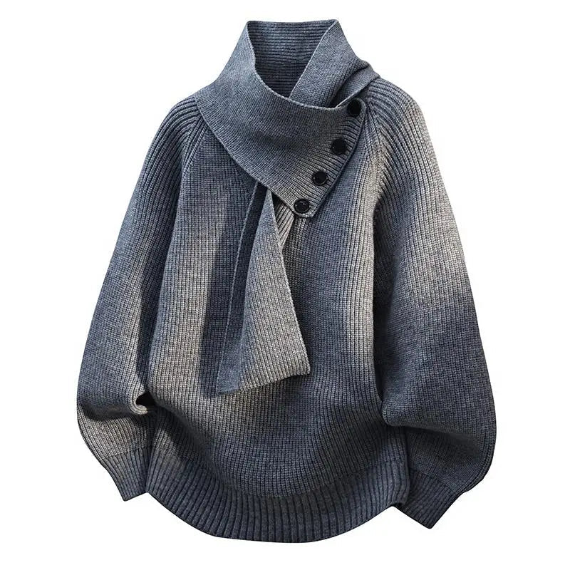 Women's ribbed scarf neck sweater with shoulder button detail and long sleeves