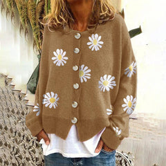 Button-down long sleeve knit cardigan shown in black, gray, khaki and orange