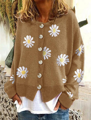 Button-down long sleeve knit cardigan shown in black, gray, khaki and orange