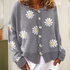 Button-down long sleeve knit cardigan shown in black, gray, khaki and orange