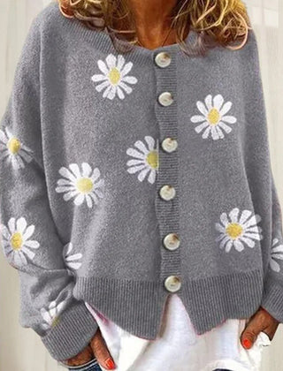 Button-down long sleeve knit cardigan shown in black, gray, khaki and orange