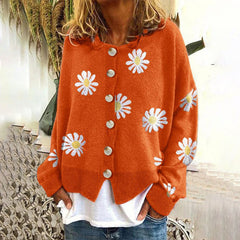 Button-down long sleeve knit cardigan shown in black, gray, khaki and orange