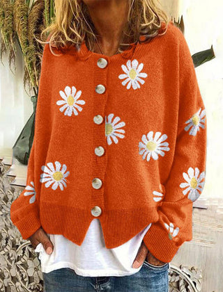 Button-down long sleeve knit cardigan shown in black, gray, khaki and orange