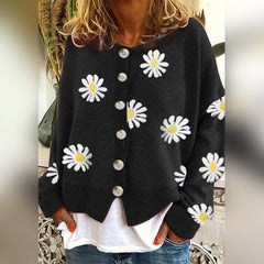 Button-down long sleeve knit cardigan shown in black, gray, khaki and orange