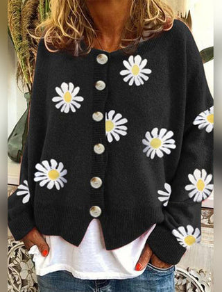 Button-down long sleeve knit cardigan shown in black, gray, khaki and orange