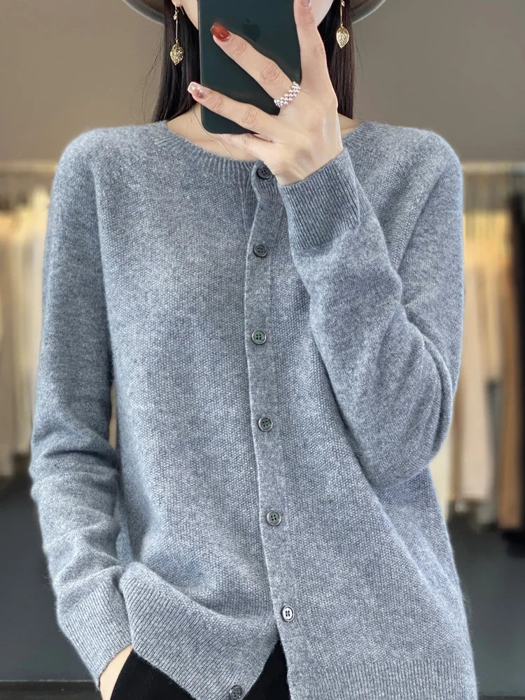 Women's button front knit cardigan shown in several colour options