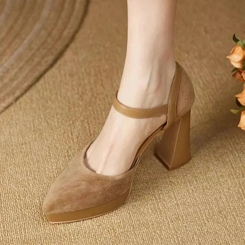 Aurore platform block heel pumps with slim ankle strap and rounded toe, in brown and black