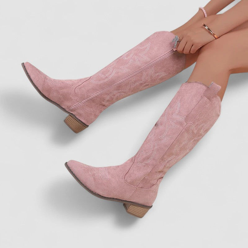 Knee-high western boots with tonal embroidery, low block heel and side zip