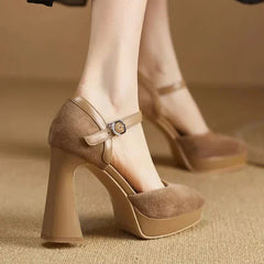 Aurore platform block heel pumps with slim ankle strap and rounded toe, in brown and black