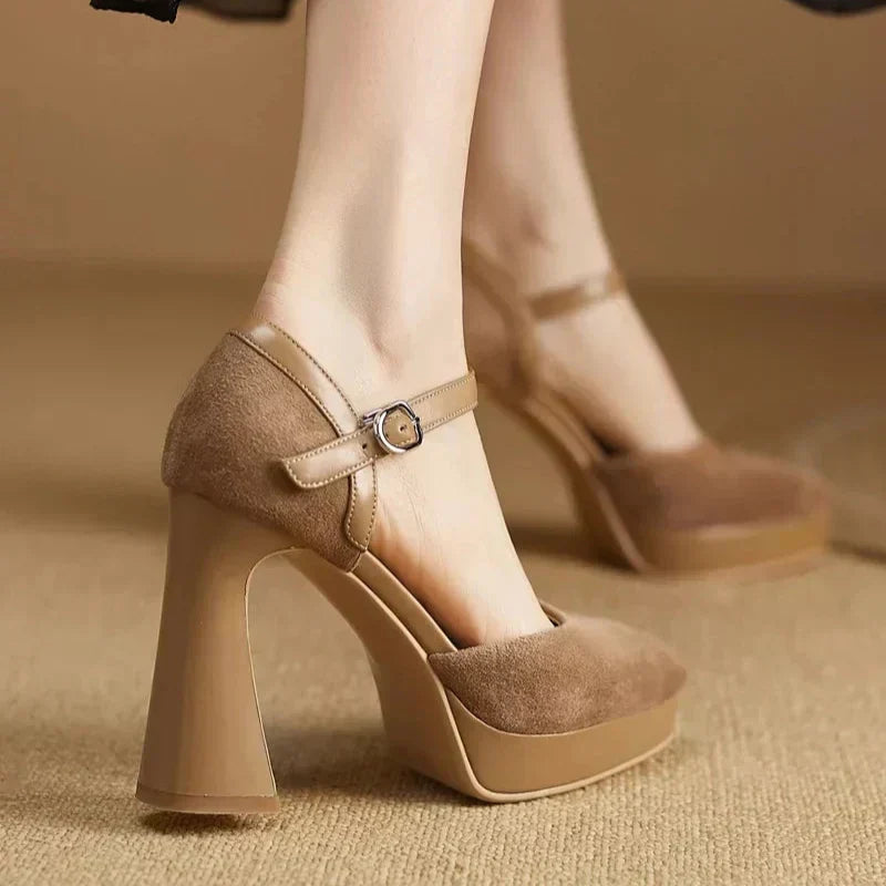 Aurore platform block heel pumps with slim ankle strap and rounded toe, in brown and black