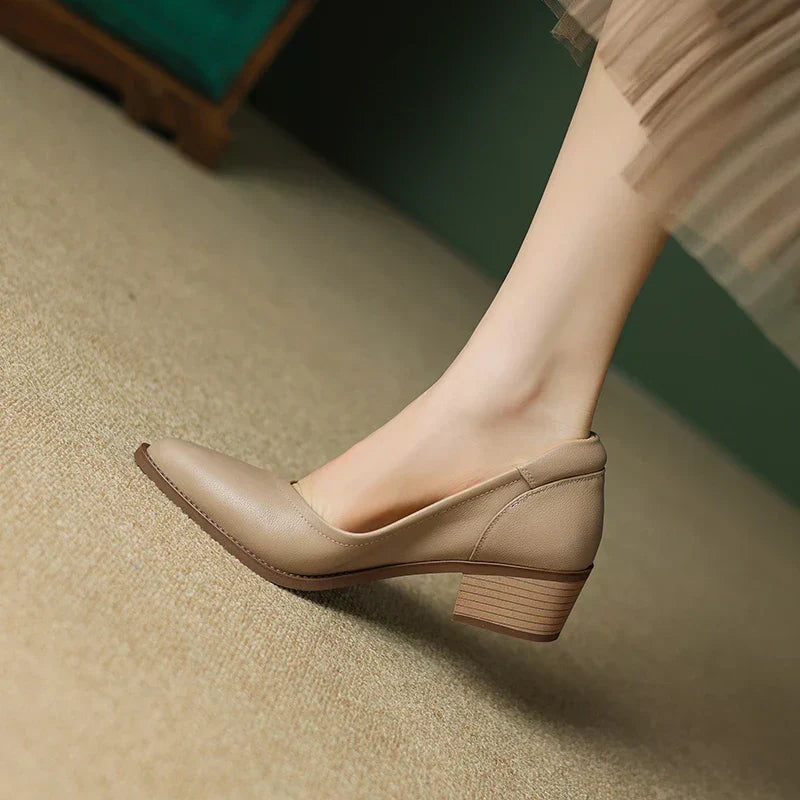 Cora pointed toe block heel slip-on pumps shown in apricot, black and brown