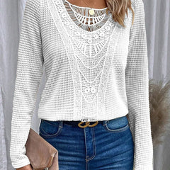 Women's textured pullover sweater with crochet-style front panel, round neckline and long sleeves