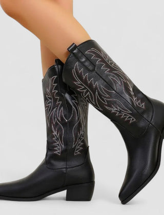 Embroidered western boots with flame-and-leaf detailing, pointed toe and stacked block heel