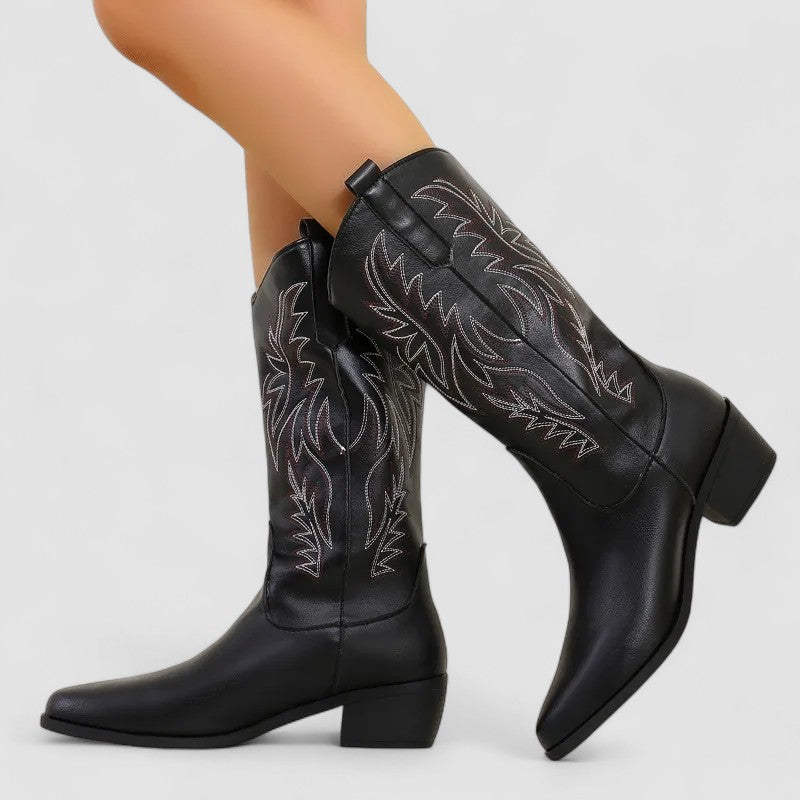 Embroidered western boots with flame-and-leaf detailing, pointed toe and stacked block heel