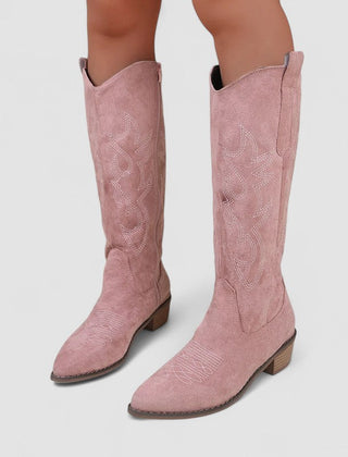 Knee-high western boots with tonal embroidery, low block heel and side zip