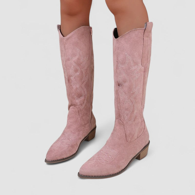 Knee-high western boots with tonal embroidery, low block heel and side zip