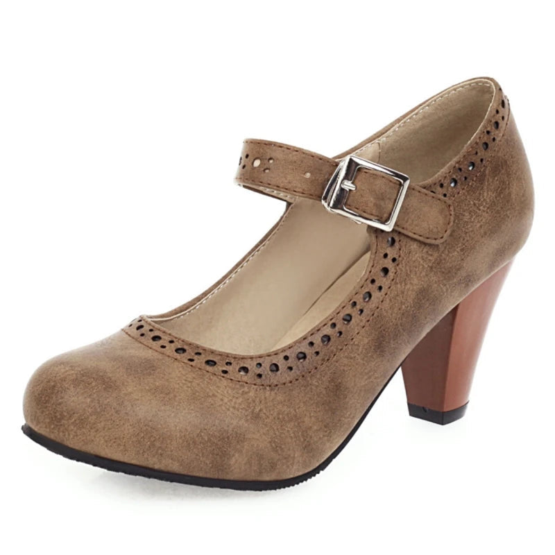 Genevieve Mary Jane heels with adjustable instep strap and rounded toe in several colours