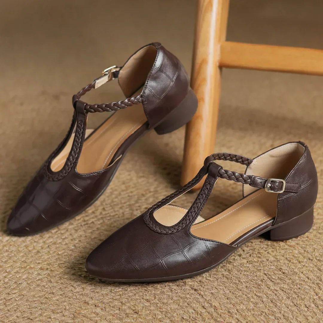 Women's leather T-strap Mary Jane flats with braided strap, buckle and pointed toe