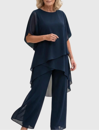 Women's flowing chiffon top with matching wide-leg trousers two-piece set