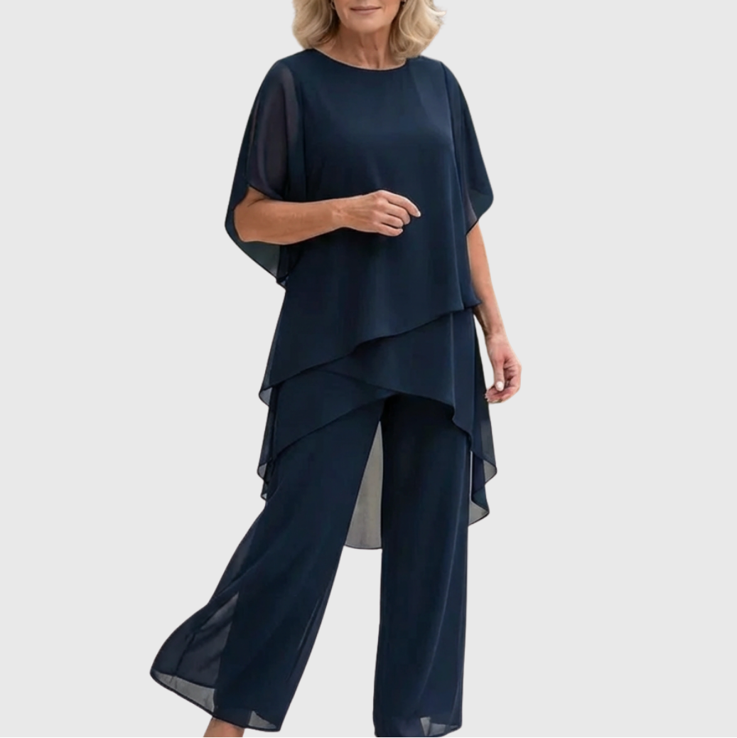 Women's flowing chiffon top with matching wide-leg trousers two-piece set