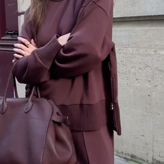 Women's relaxed long-sleeve top and wide-leg pants outfit set in Burgundy and Cream
