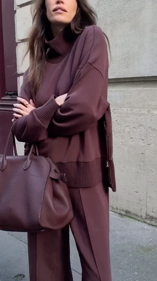 Women's relaxed long-sleeve top and wide-leg pants outfit set in Burgundy and Cream