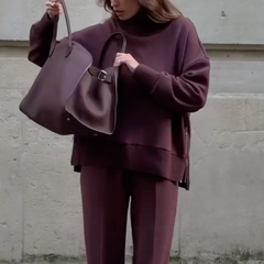 Women's relaxed long-sleeve top and wide-leg pants outfit set in Burgundy and Cream