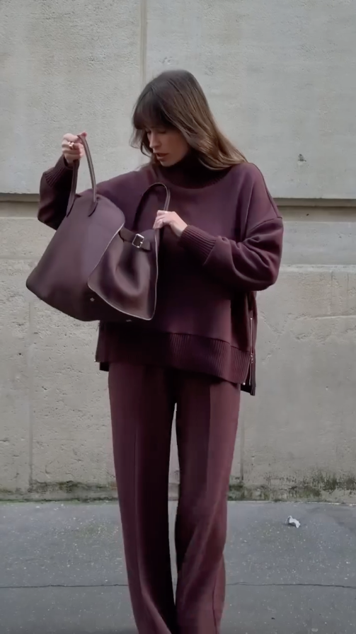 Women's relaxed long-sleeve top and wide-leg pants outfit set in Burgundy and Cream