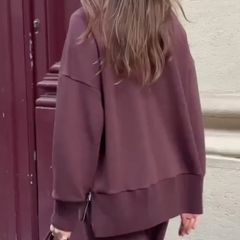 Women's relaxed long-sleeve top and wide-leg pants outfit set in Burgundy and Cream