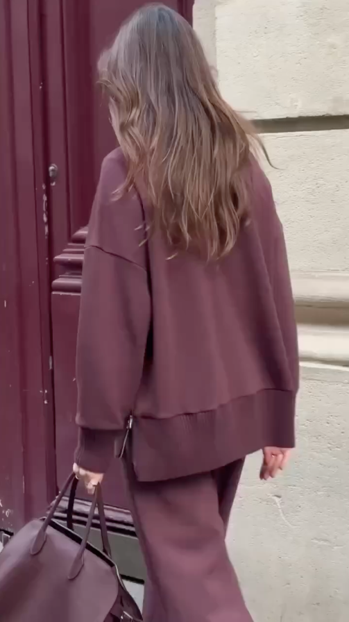Women's relaxed long-sleeve top and wide-leg pants outfit set in Burgundy and Cream