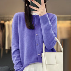 Women's button front knit cardigan shown in several colour options