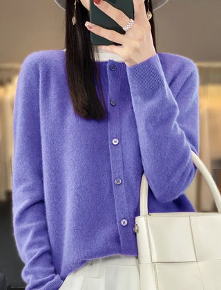 Women's button front knit cardigan shown in several colour options