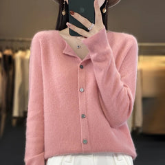 Women's button front knit cardigan shown in several colour options