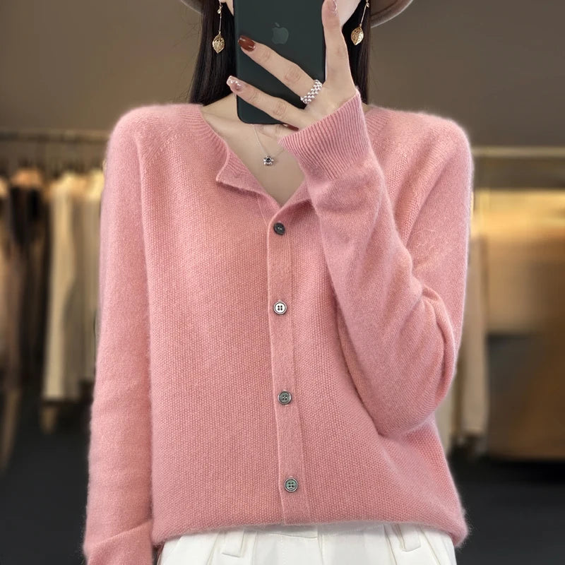 Women's button front knit cardigan shown in several colour options