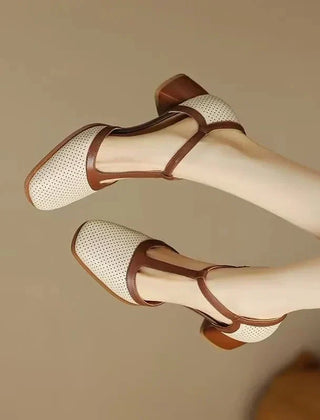 Off-white perforated T-strap block heel pump with contrast tan strap and square toe