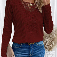 Women's textured pullover sweater with crochet-style front panel, round neckline and long sleeves