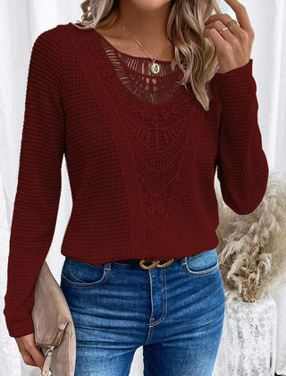 Women's textured pullover sweater with crochet-style front panel, round neckline and long sleeves