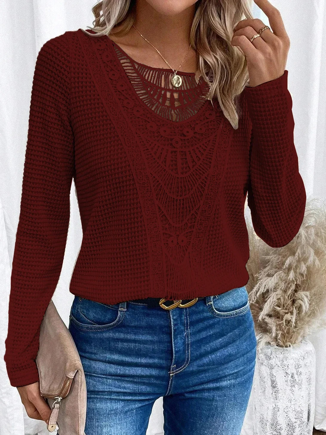 Women's textured pullover sweater with crochet-style front panel, round neckline and long sleeves