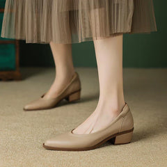 Cora pointed toe block heel slip-on pumps shown in apricot, black and brown