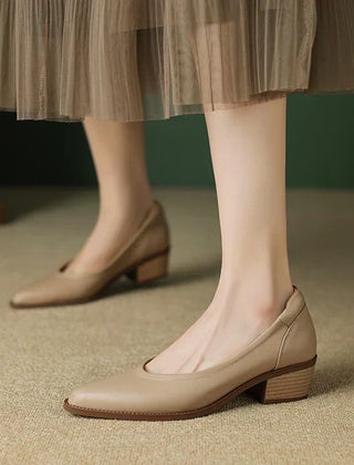 Cora pointed toe block heel slip-on pumps shown in apricot, black and brown