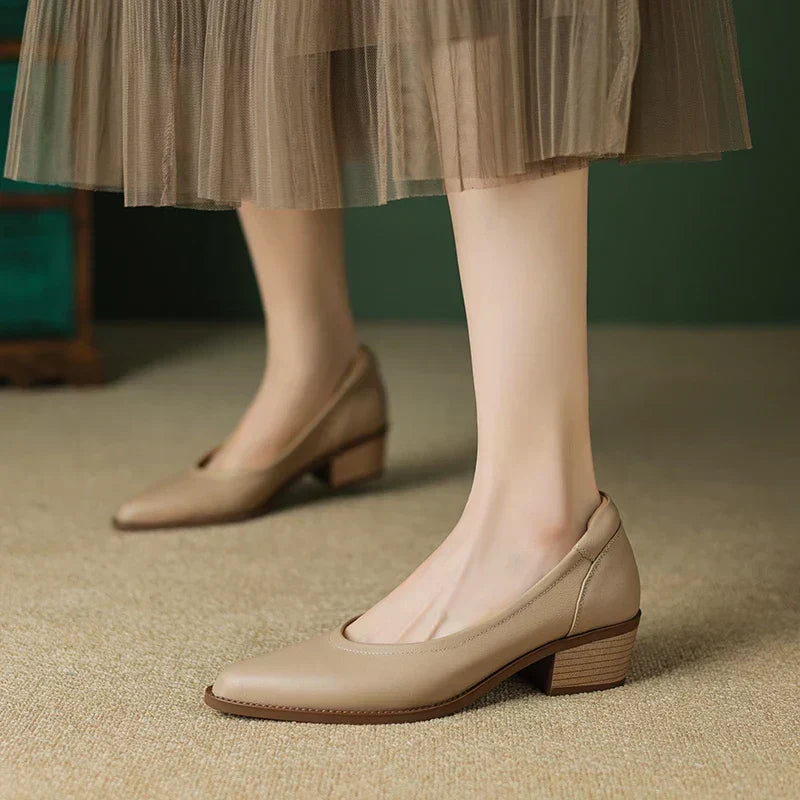 Cora pointed toe block heel slip-on pumps shown in apricot, black and brown