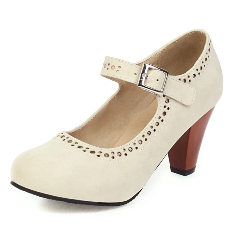 Genevieve Mary Jane heels with adjustable instep strap and rounded toe in several colours