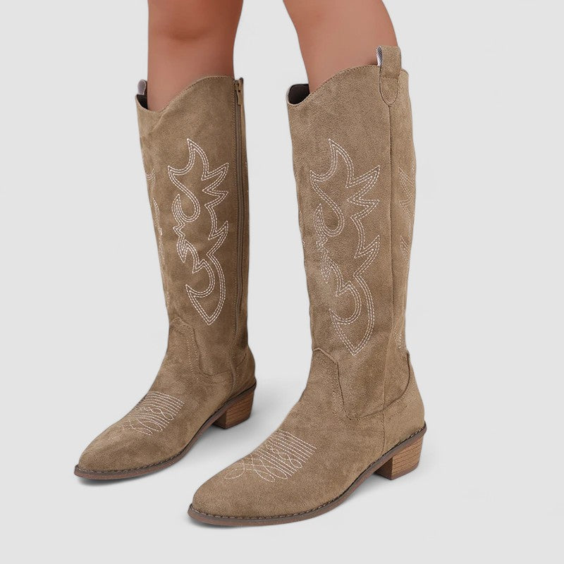 Knee-high western boots with tonal embroidery, low block heel and side zip